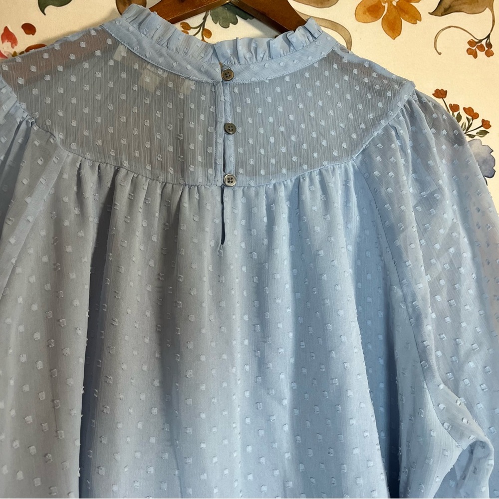 LOFT L Powder Light Blue Swiss Dot Sheer Sleeve Office Blouse Spring Summer City - Picture 4 of 12